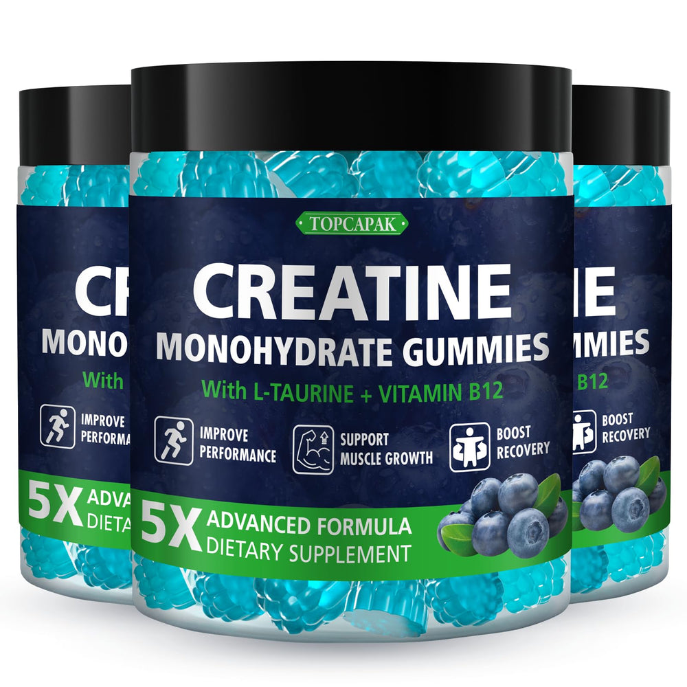 Topcapak Creatine Monohydrate Gummies in blueberry flavor for convenient workouts.