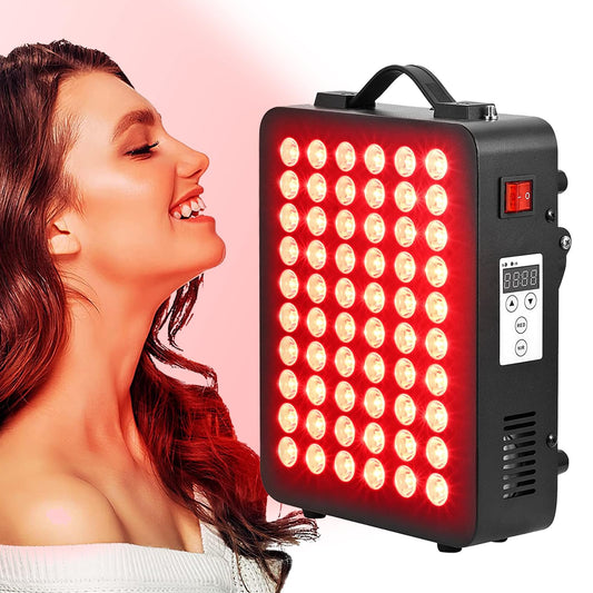 Topcupro red-light therapy panel set up for home use, versatile for body and face.