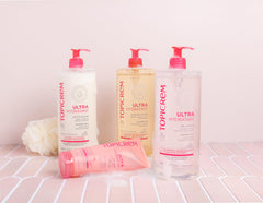 Topicrem the Ultra-Hydratant Shower Gel close-up suggests gentle cleansing for babies.