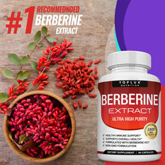 Toplux Berberine bottle spread shows capsules ready for daily regimen