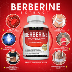 Toplux Berberine capsules close-up; easy-to-swallow vegan capsules