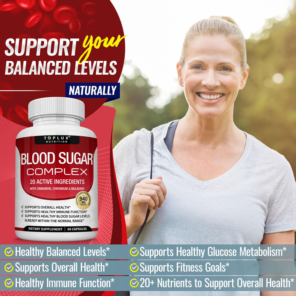 Toplux Blood Sugar Complex label details emphasizing key ingredients