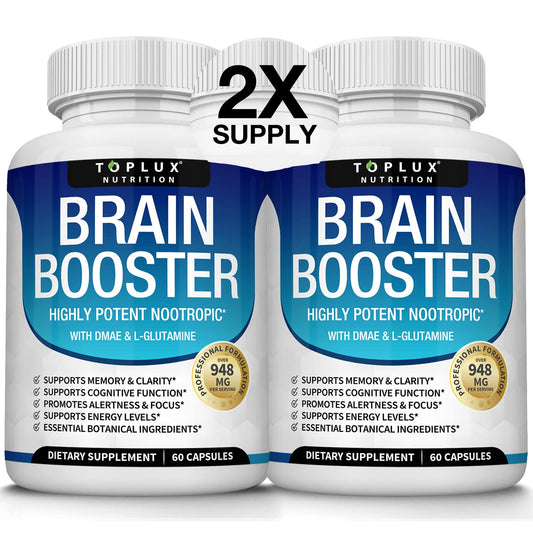 Toplux Brain Supplement bottle closeup, ideal for daily focus and mental clarity.