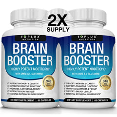 Toplux Brain Supplement bottle closeup, ideal for daily focus and mental clarity.