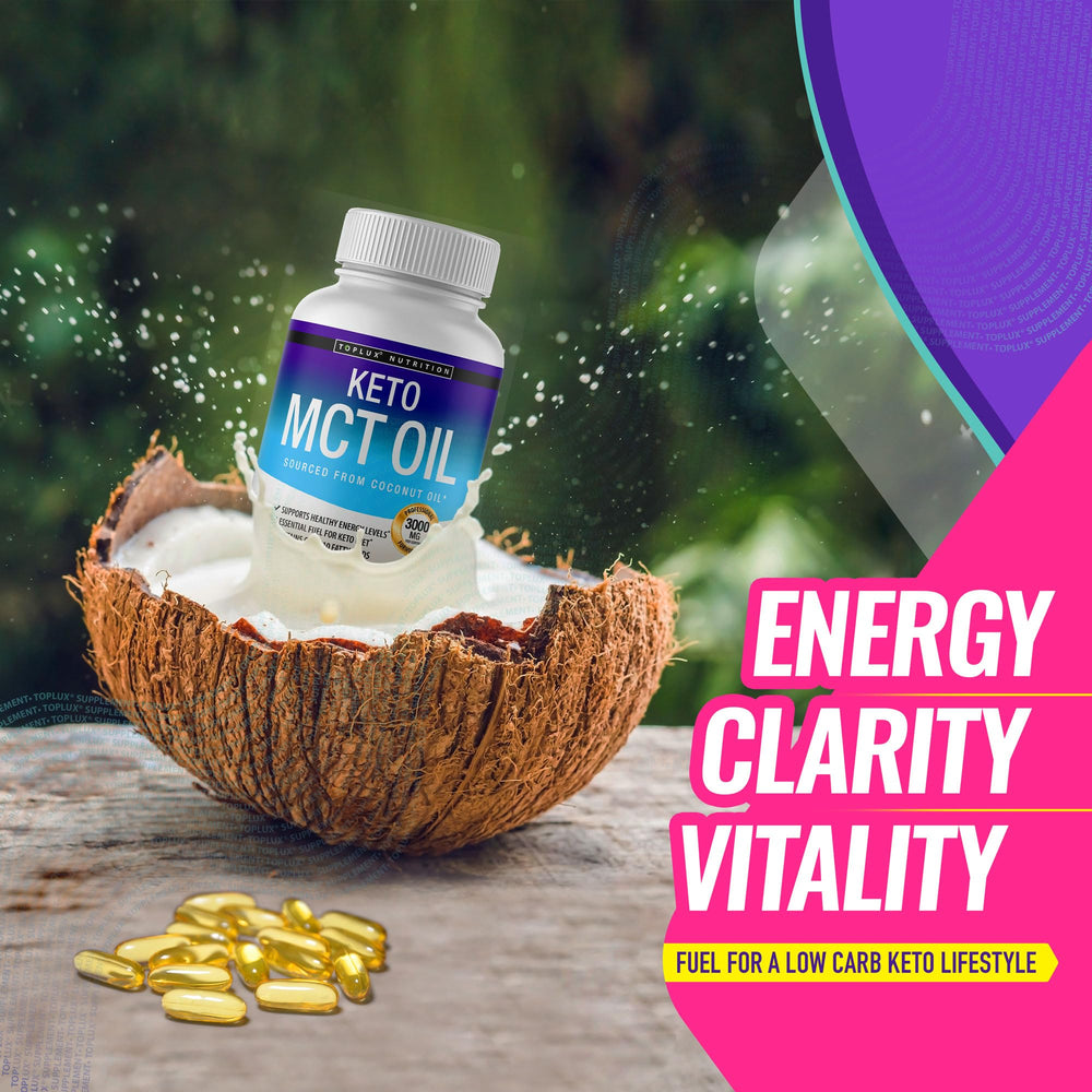 Toplux Keto MCT energy boost image suitable for workouts and study sessions.