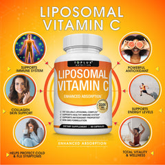 Close-up of Toplux Liposomal Vitamin C 2100mg label highlights fat-soluble formulation.