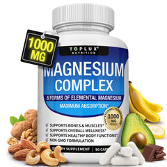 Toplux Magnesium Complex bottle front showing 90 vegan capsules for daily bone and muscle support.