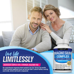 Toplux Magnesium Complex capsules closeup highlighting eight forms for absorption.