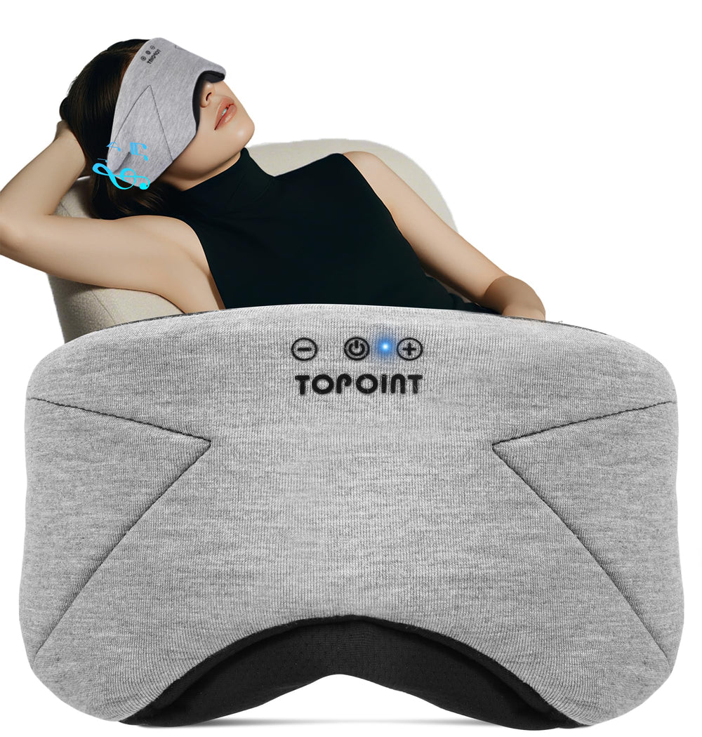 TOPOINT Sleep Mask with Headphones showing wireless setup for travel comfort.