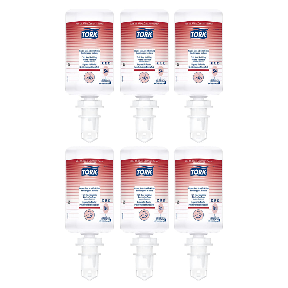 Tork alcohol-free foam sanitizer bottle closeup with fragrance-free formula for sensitive skin.