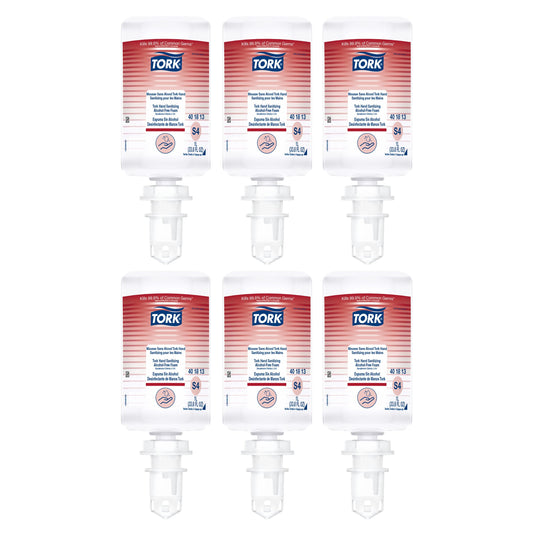 Tork alcohol-free foam sanitizer bottle closeup with fragrance-free formula for sensitive skin.