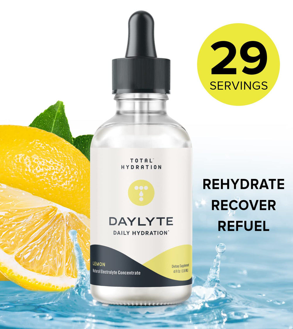 Total Hydration Daylyte drops being poured into a glass of water