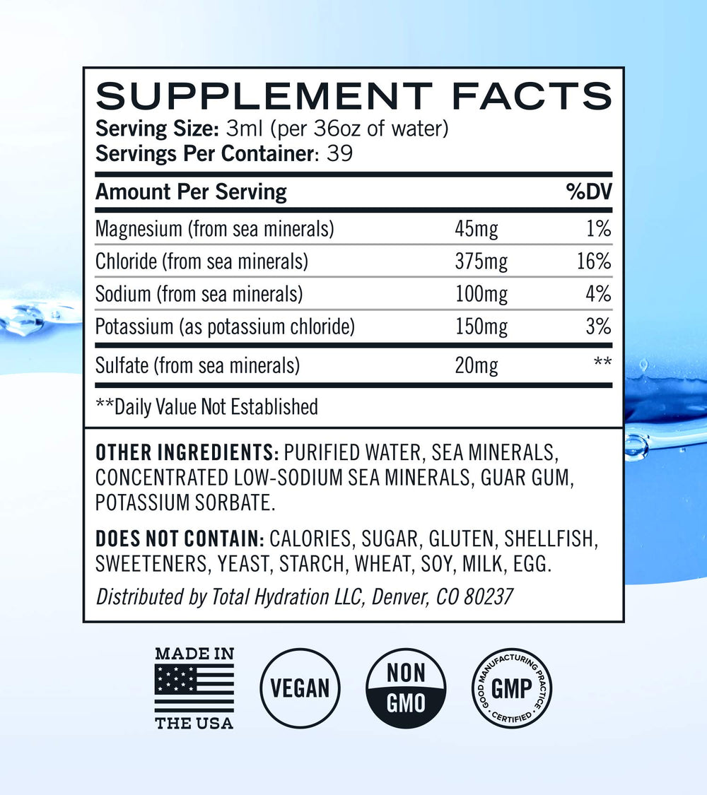 Total Hydration Ketolyte glass-mix showing minerals like magnesium and sodium for balanced hydration.