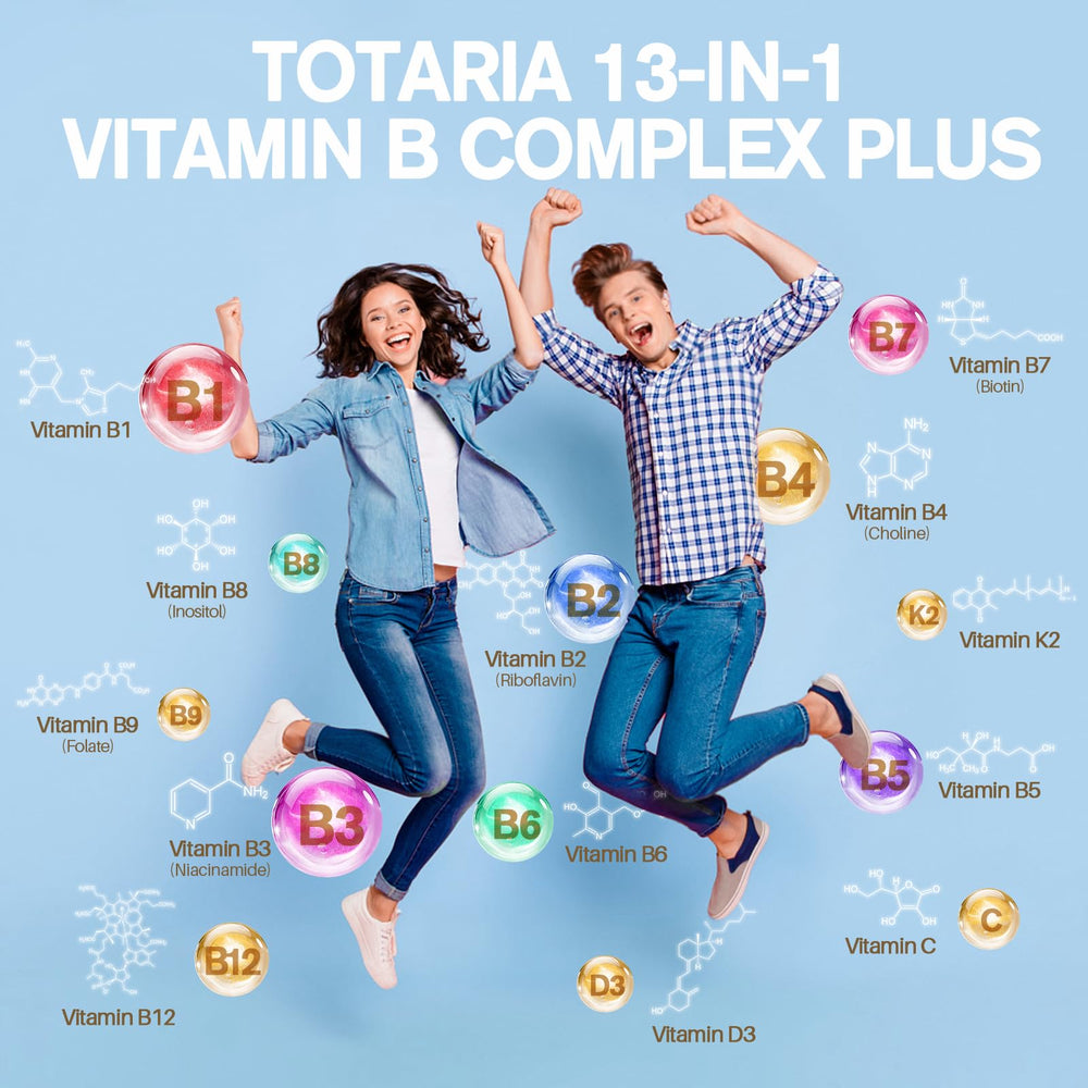 Totaria 13-in-1 B-Complex bottle label with ingredients for informed use.
