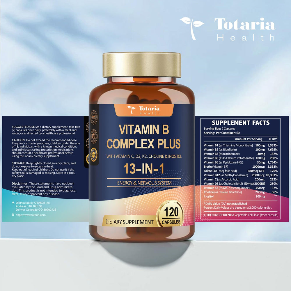 Totaria 13-in-1 B-Complex bottle on kitchen counter ready to take.