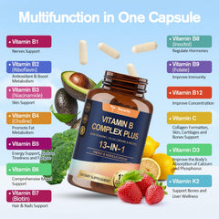 Totaria 13-in-1 B-Complex capsules close-up highlighting vegan formulation.