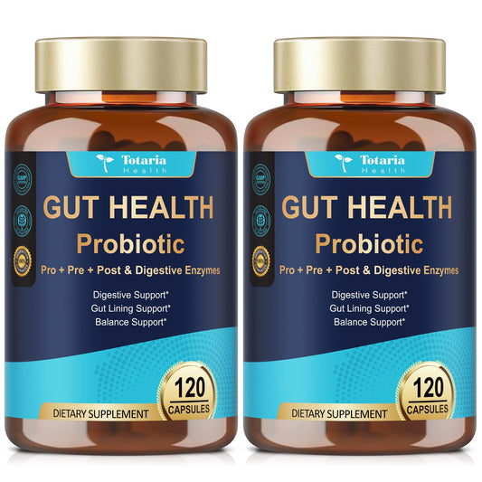 Totaria 14-in-1 bottle front showing the gut health formula for daily balance.