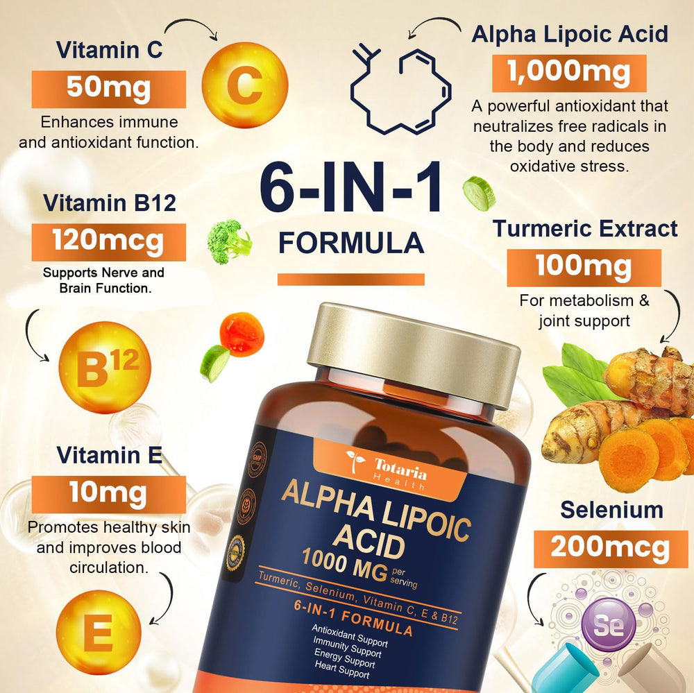 Totaria Alpha Lipoic Acid capsules close-up for daily antioxidant support.