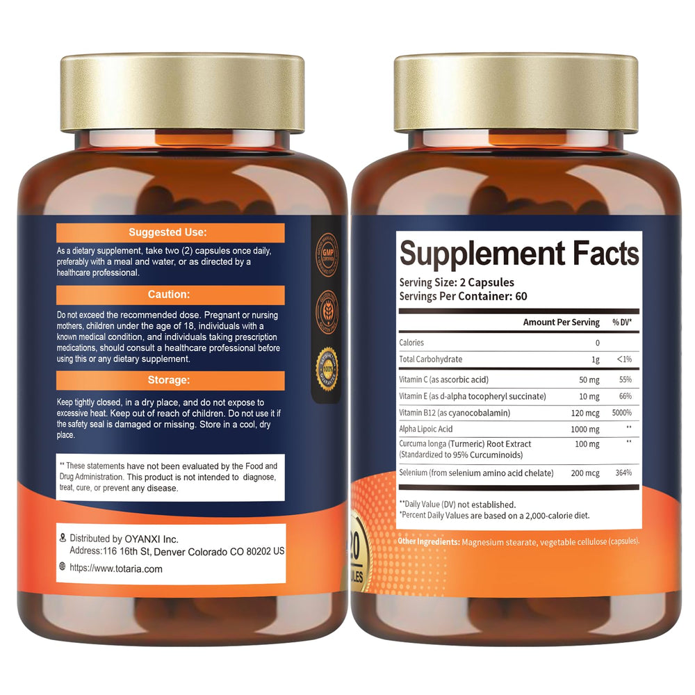 Totaria Alpha Lipoic Acid capsules close-up with glossy finish.