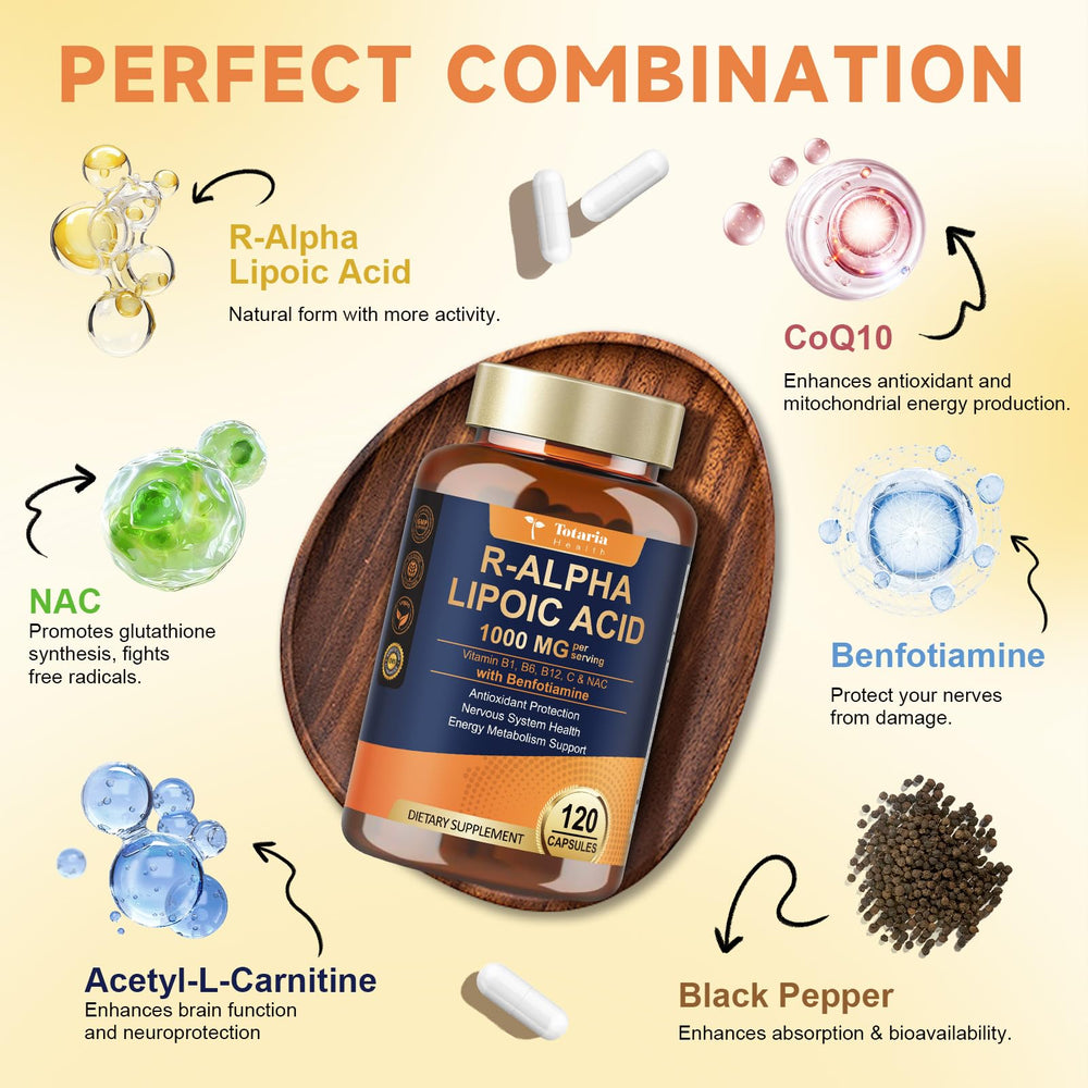 Totaria benfotiamine capsules show a vegan, gluten-free formula supporting nerve health.