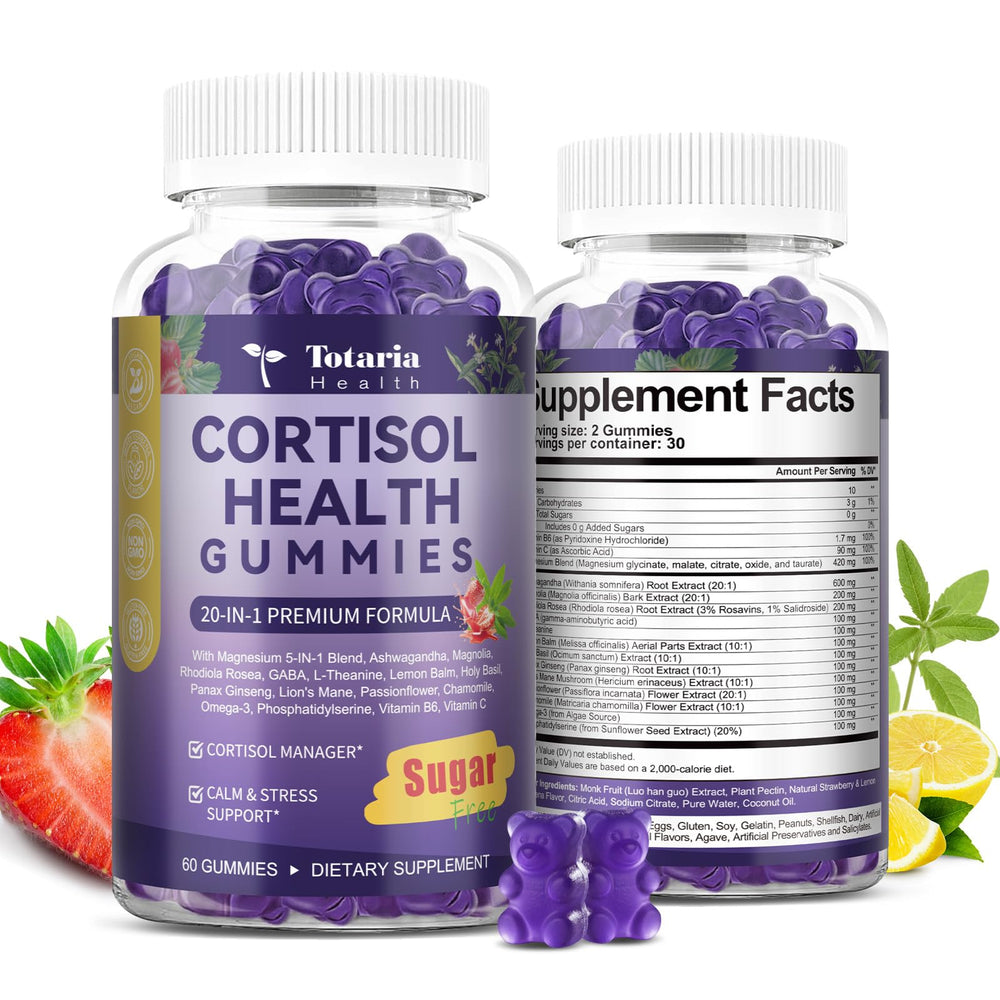 Totaria Cortisol Gummies bottle front for daily stress support and calm focus.
