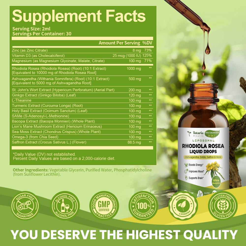 Totaria rhodiola drops with dropper for precise daily dosing.