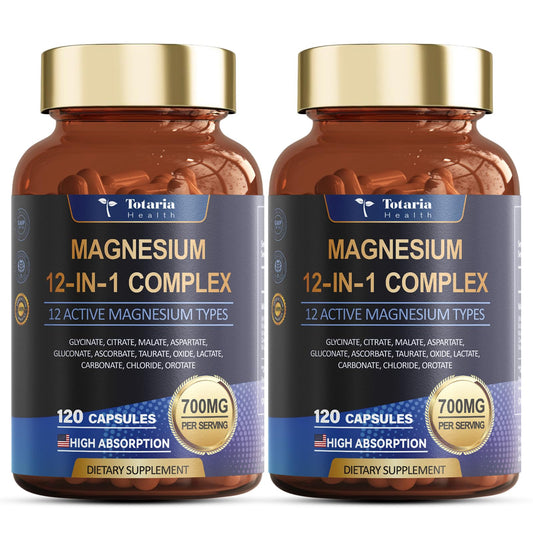 Totaria Magnesium Complex bottle showing 12 forms for enhanced relaxation and muscle comfort