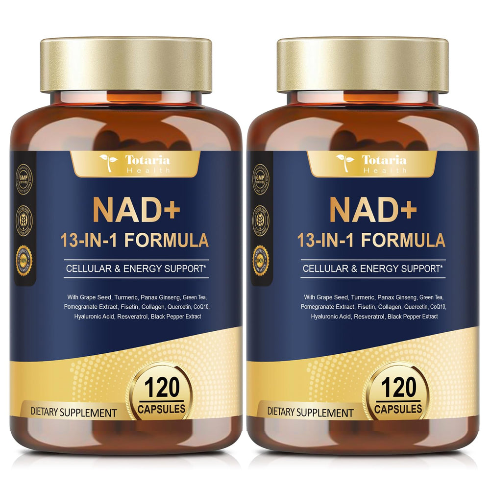 Totaria NAD+ supplement bottle front highlights a potent blend for daily vitality.