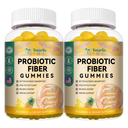 Totaria probiotic fiber gummies pineapple bottle view, convenient daily routine snack.