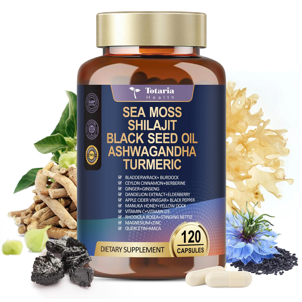 Totaria sea moss capsules health glass, lifestyle-friendly supplement showcase.