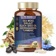 Totaria sea moss capsules health glass, lifestyle-friendly supplement showcase.