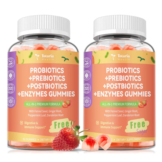 Totaria Sugar Free 5-in-1 gummy bottle showing convenient daily gut support option.