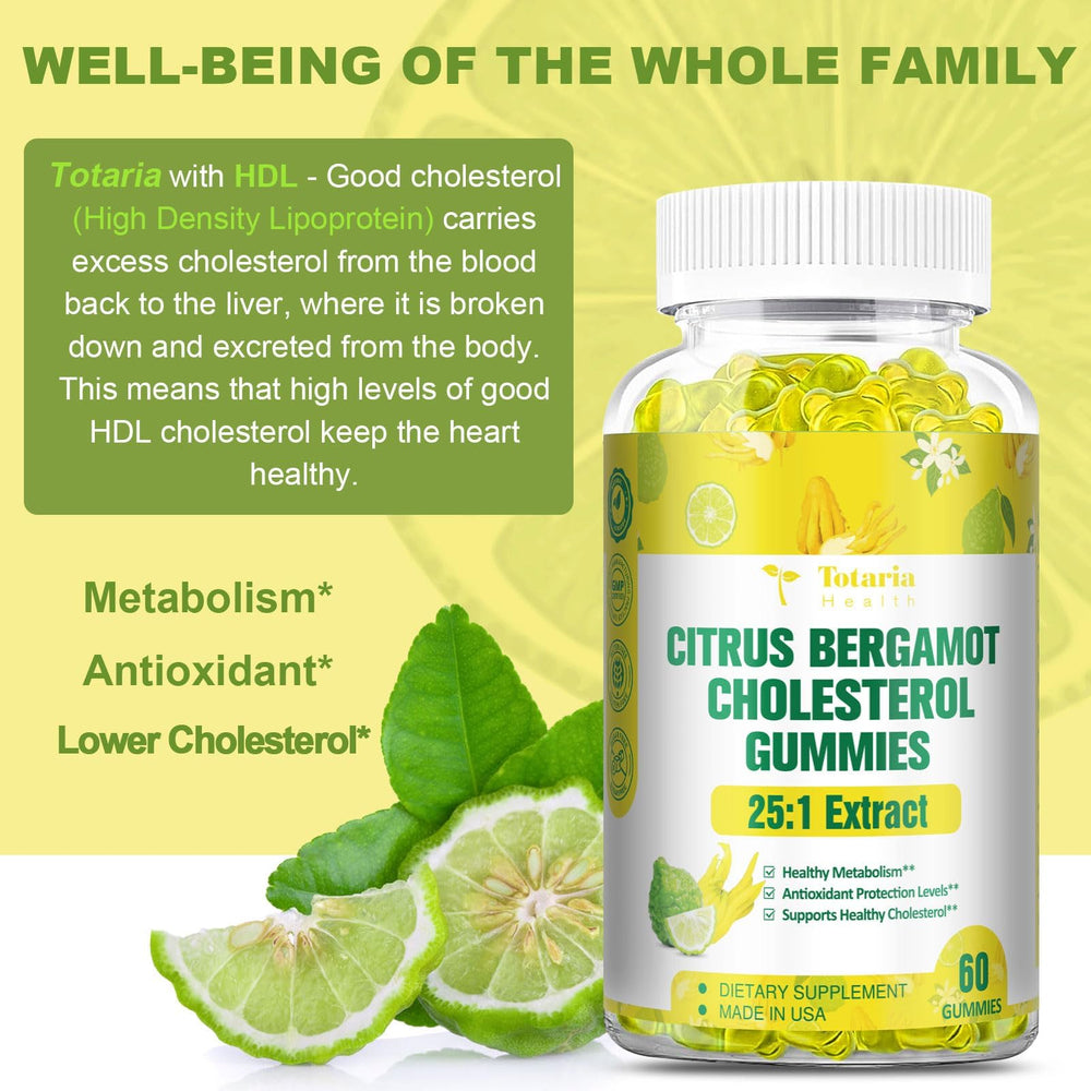 Totaria sugar-free bergamot gummies bottle back highlighting ingredients and sugar-free formula