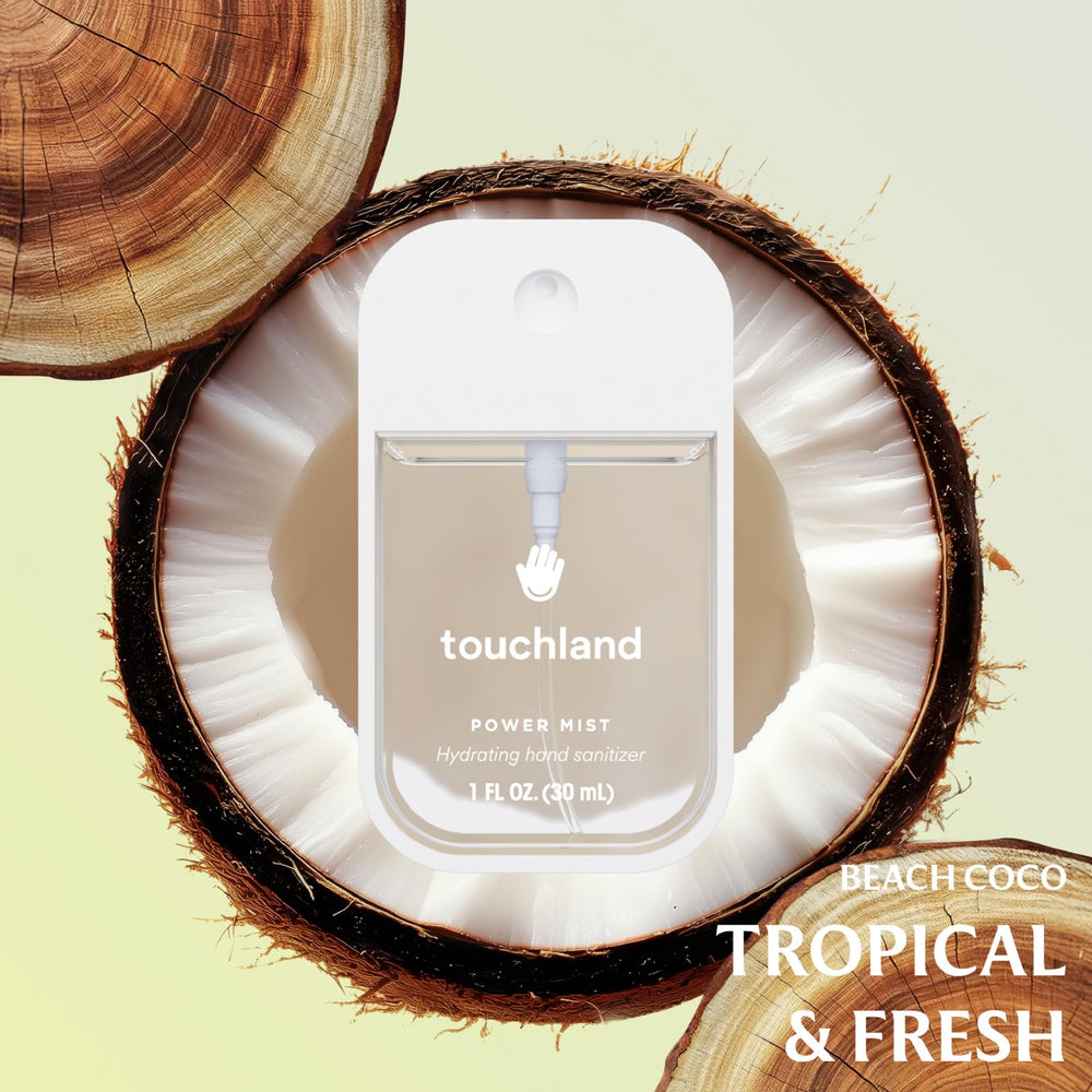 Touchland Beach Coco sanitizer spray with a tropical scent and light hydration.