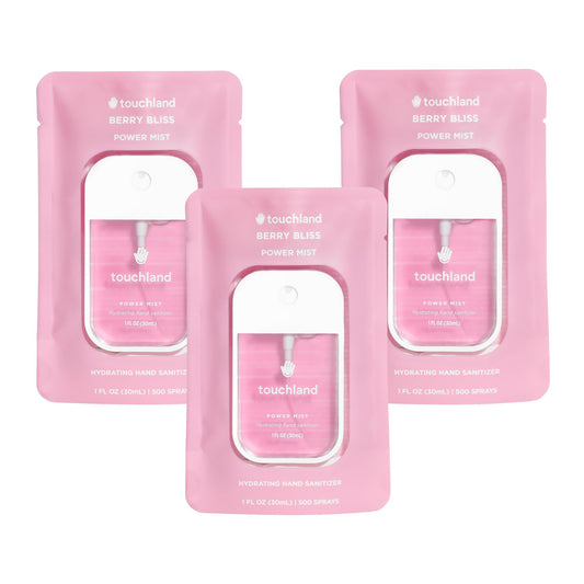Touchland Berry Bliss Trio Set bottles ready for on-the-go sanitizing.