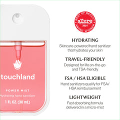 Touchland Wild Watermelon Power Mist sanitizer spray enables quick-drying hand care.