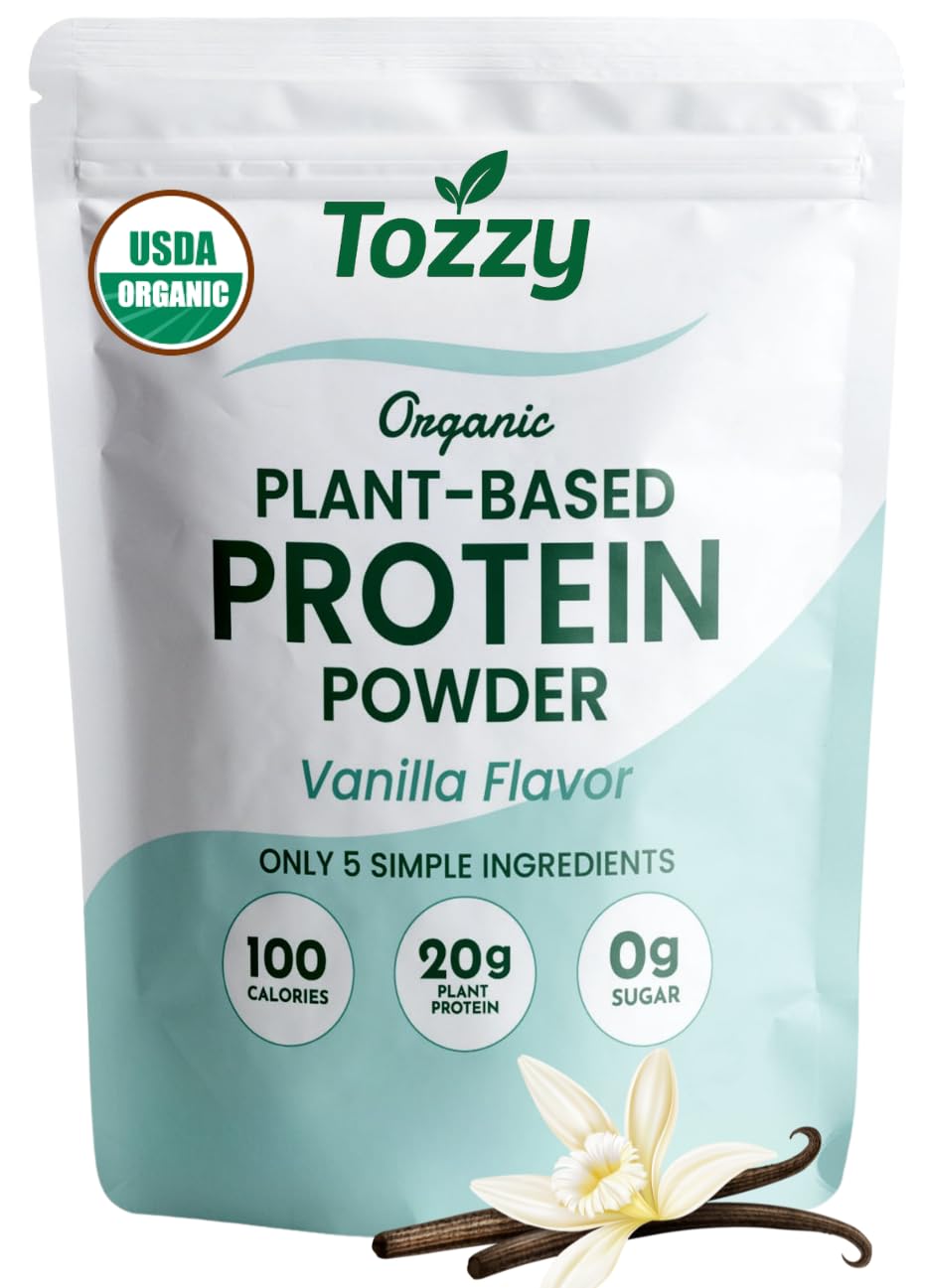 TOZZY Organic Vegan Protein Vanilla bottle with clean label for everyday shakes.