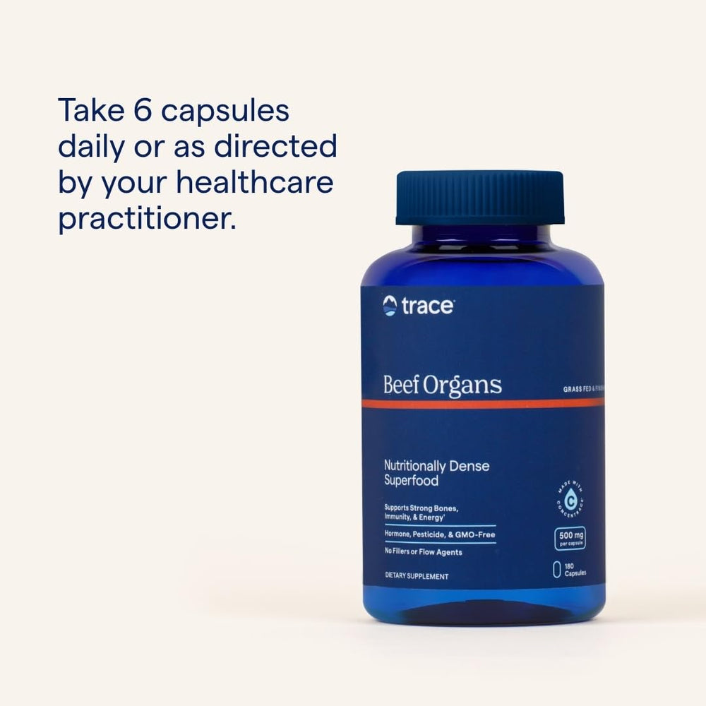 Trace Minerals Beef Organs serving shows 6 capsules for daily use.