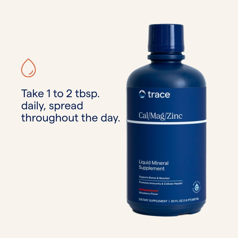 Trace Minerals Cal/Mag/Zinc liquid in glass demonstrates convenient mixing into beverages.