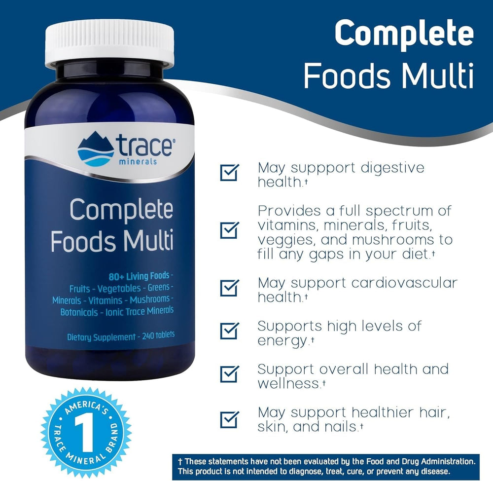 Trace Minerals Complete Foods Multi pills poured, convenient daily dosage.