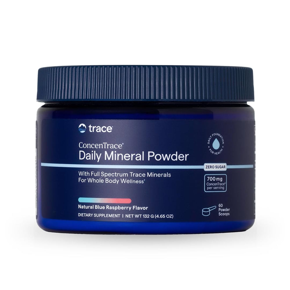 Trace Minerals ConcenTrace Daily Mineral Powder bottle showcases convenient remineralization for daily energy