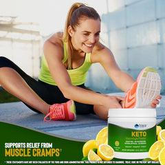 Lemon lime flavor in Trace Minerals Keto Electrolyte Powder refreshes water for hydration.