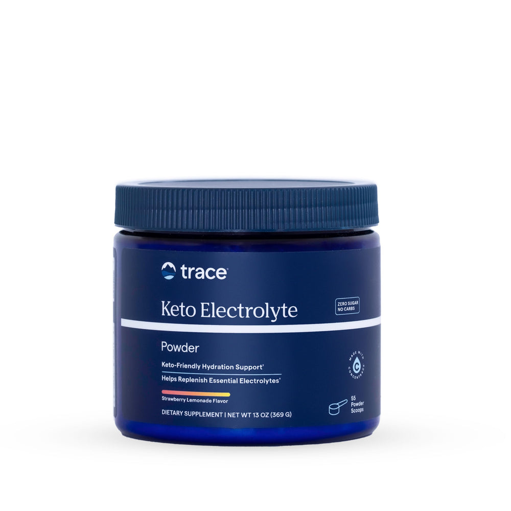 Trace Minerals Keto Electrolyte Powder strawberry lemonade bottle promotes refreshing hydration