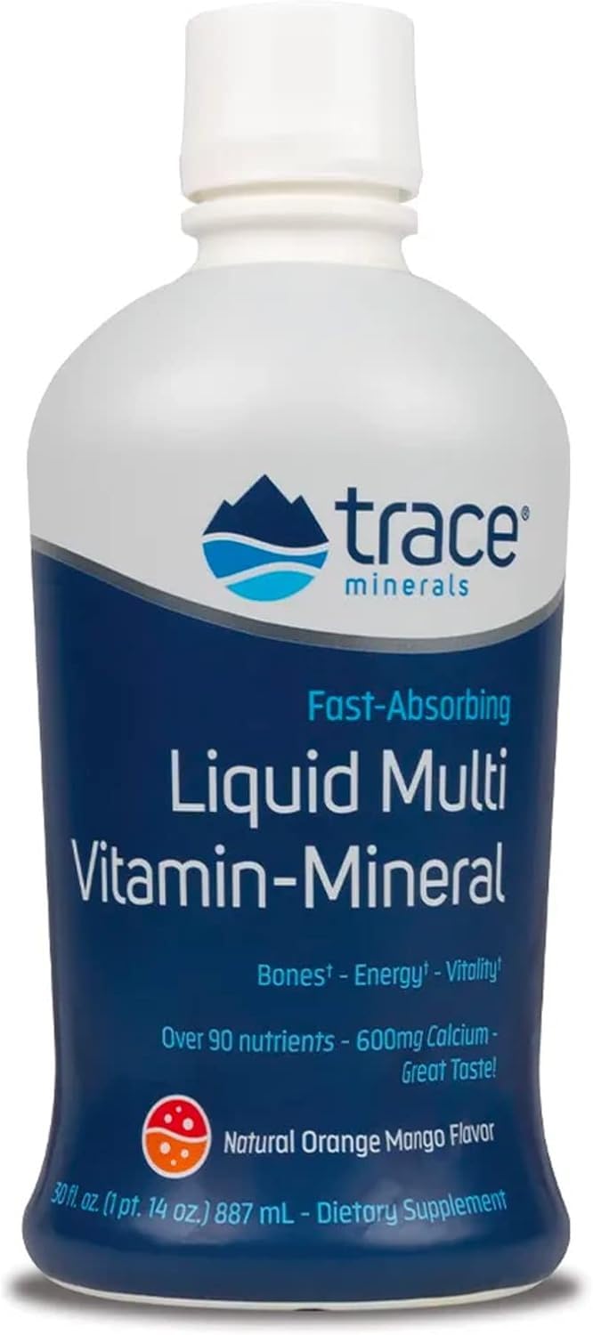 Trace Minerals liquid multi-vitamin bottle pour supports daily energy and wellness.