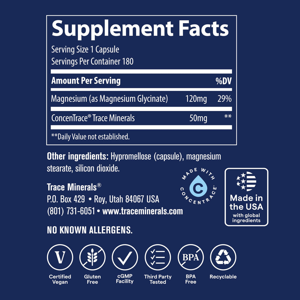Trace Minerals Magnesium Glycinate bottle in a nighttime setting for calm evenings.