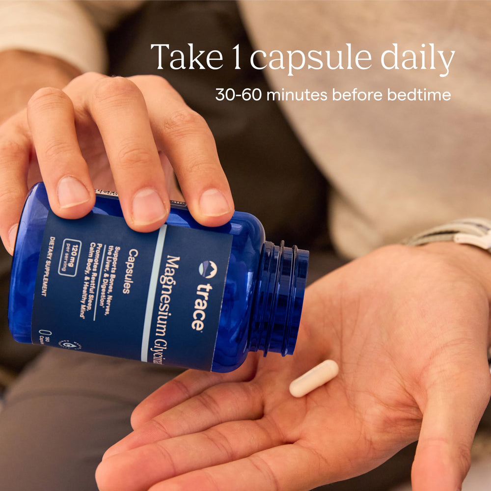 Trace Minerals Magnesium Glycinate vegan capsules promoting calm nerves.