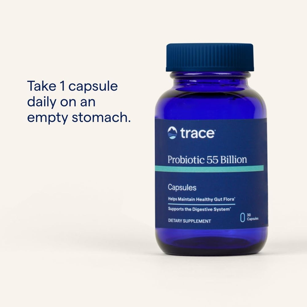 Trace Minerals Probiotic 55 Billion dietary supplement package shown for daily use.