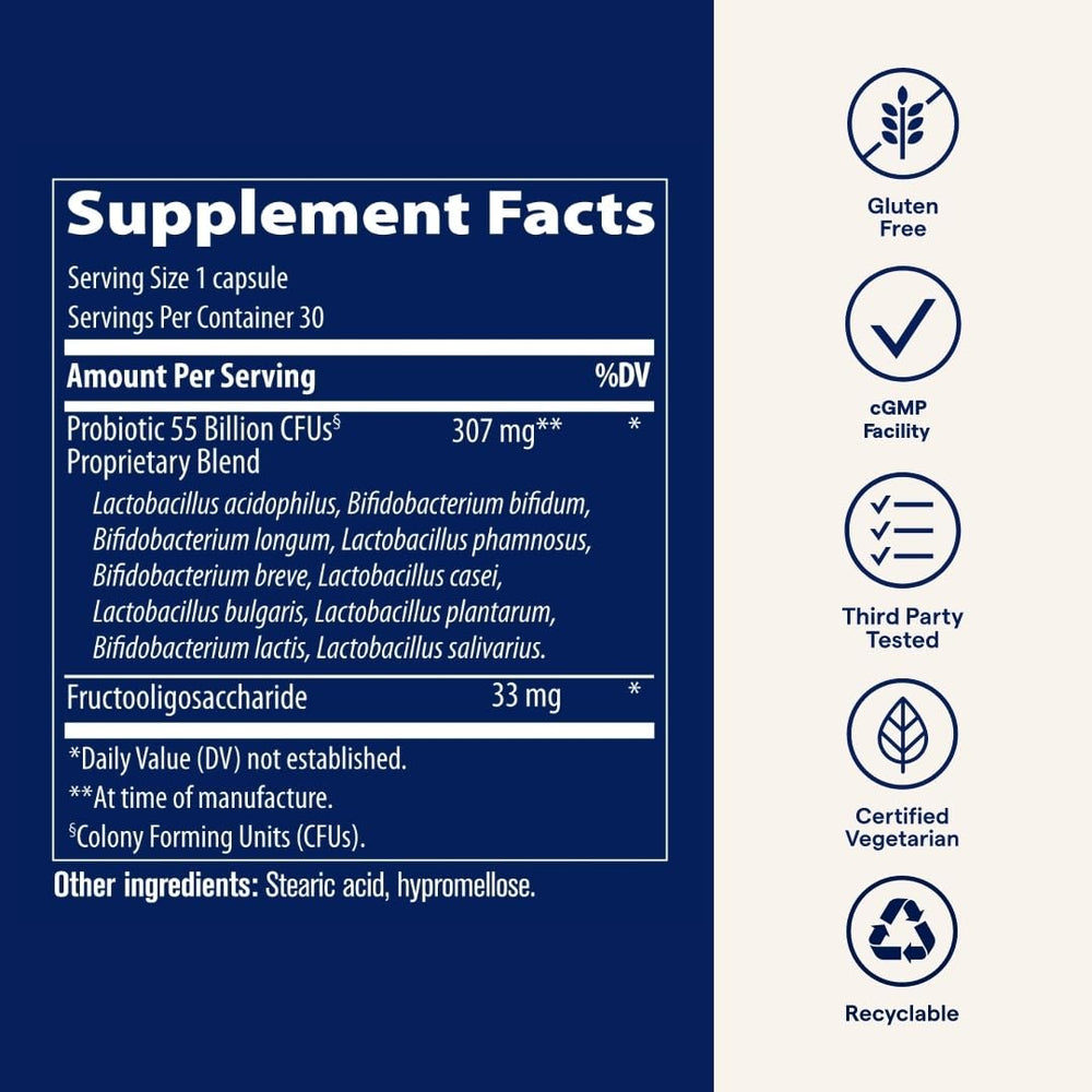 Trace Minerals Probiotic 55 Billion enteric coating illustrates delayed-release technology.