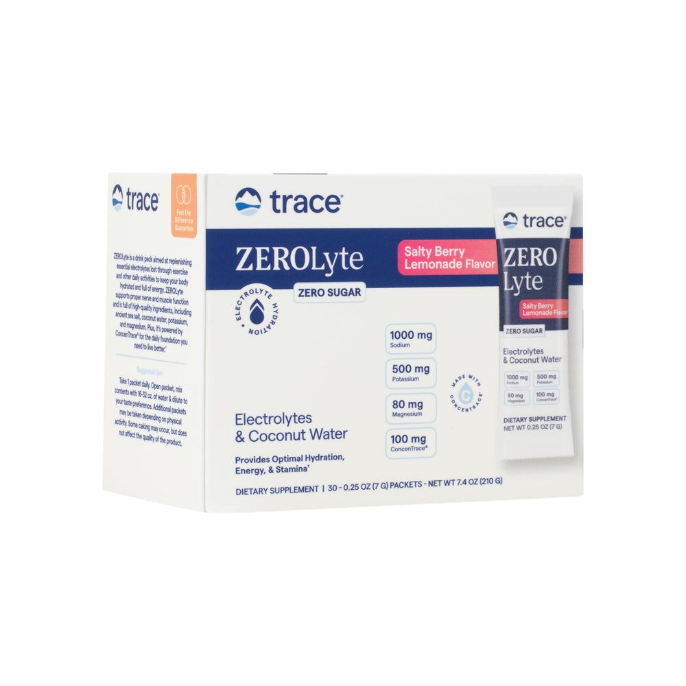 Trace Minerals ZeroLyte salty berry lemonade packet on the counter, ideal for on-the-go hydration.