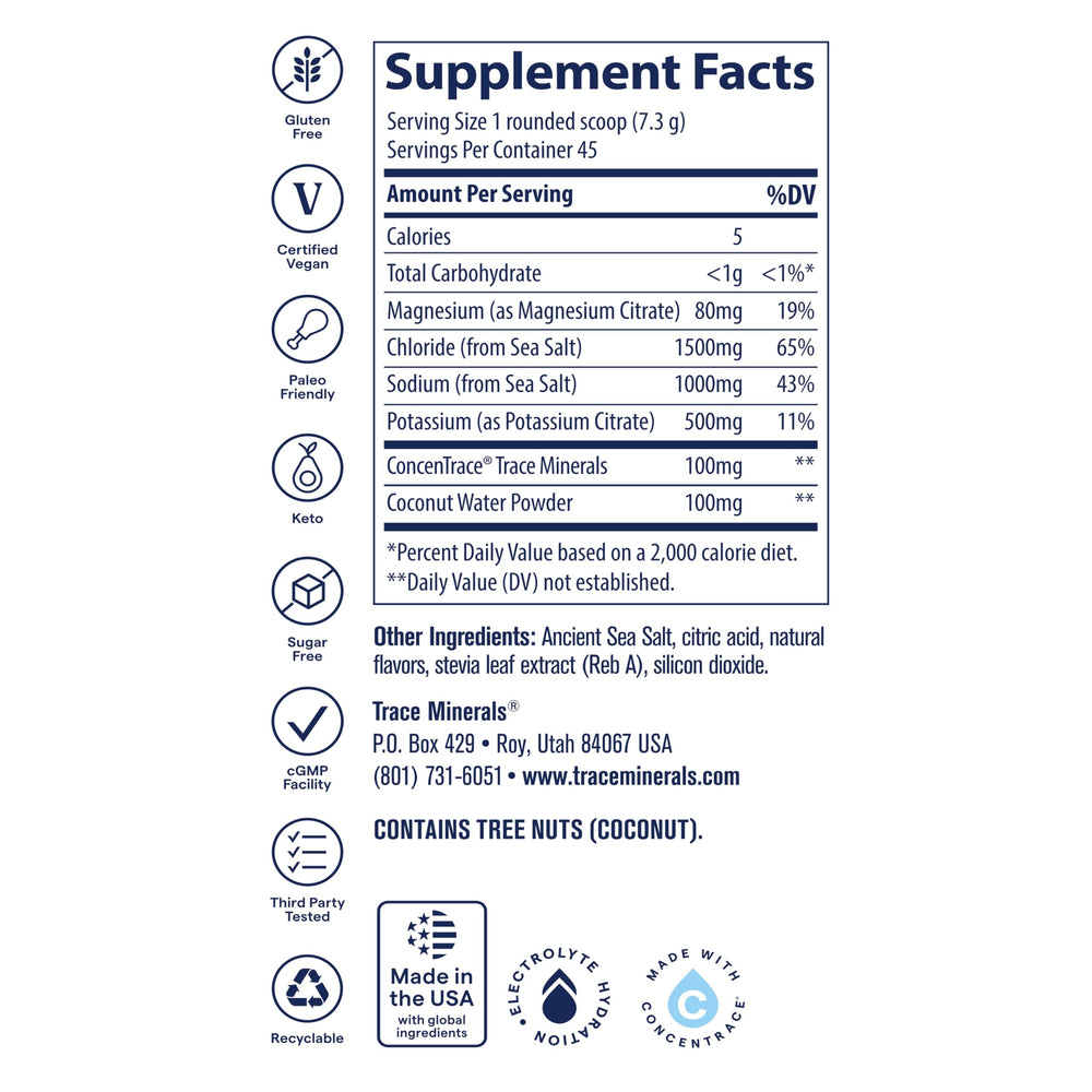 Trace Minerals ZeroLyte watermelon flavor canister for daily hydration at home.